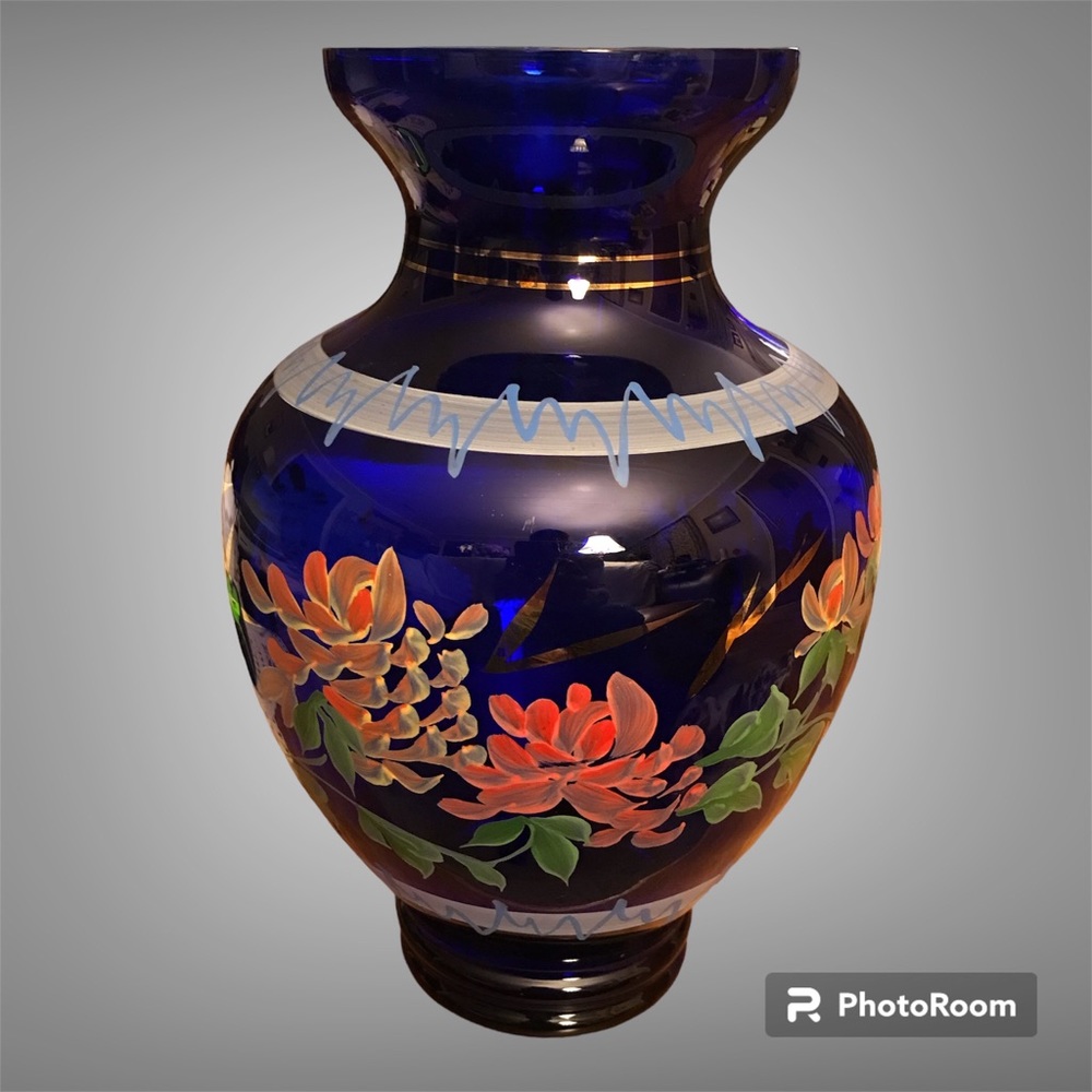 Vintage Hand-Painted Cobalt Blue Glass Large 10 1/2” Vase￼